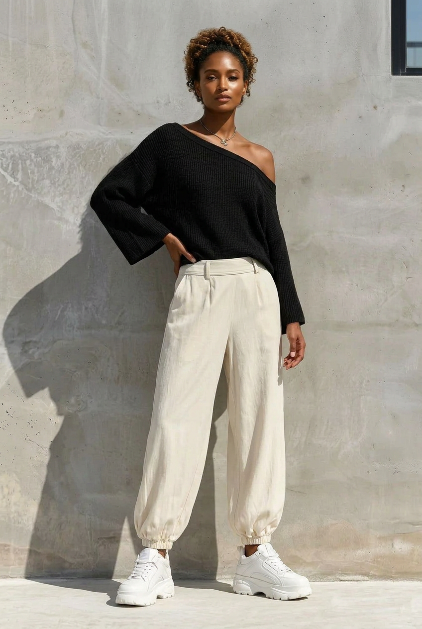 One-Shoulder Knit Top and High-Waisted Pants Set