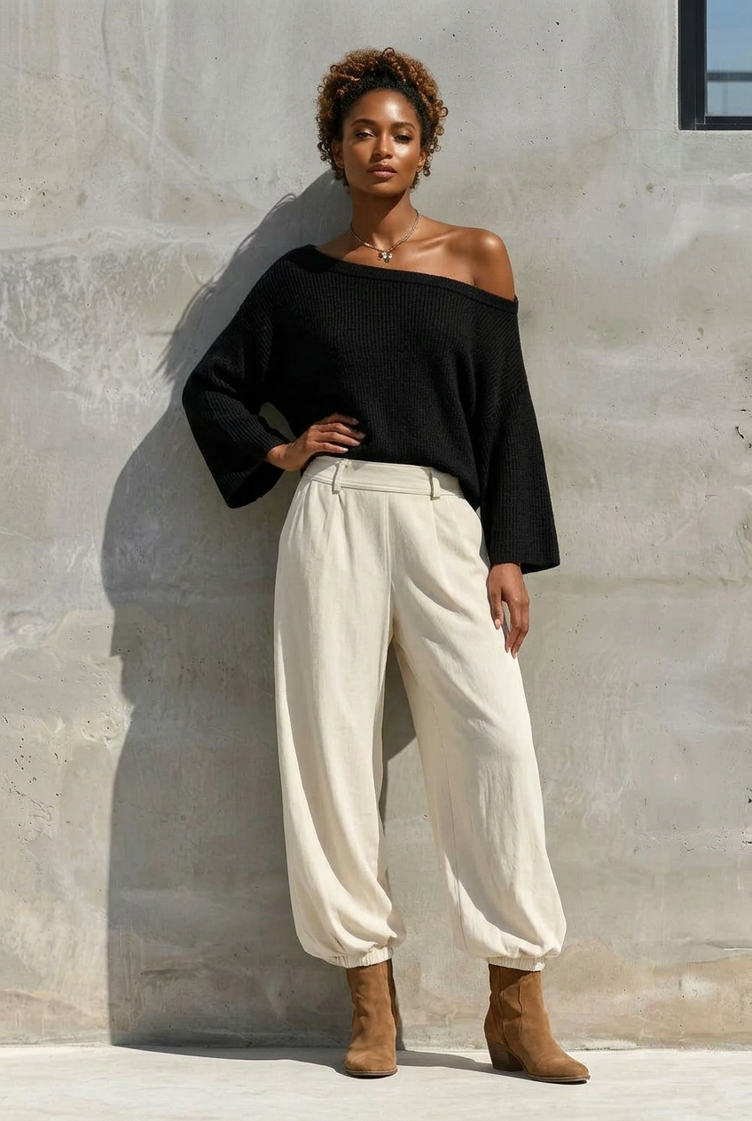 One-Shoulder Knit Top and High-Waisted Pants Set