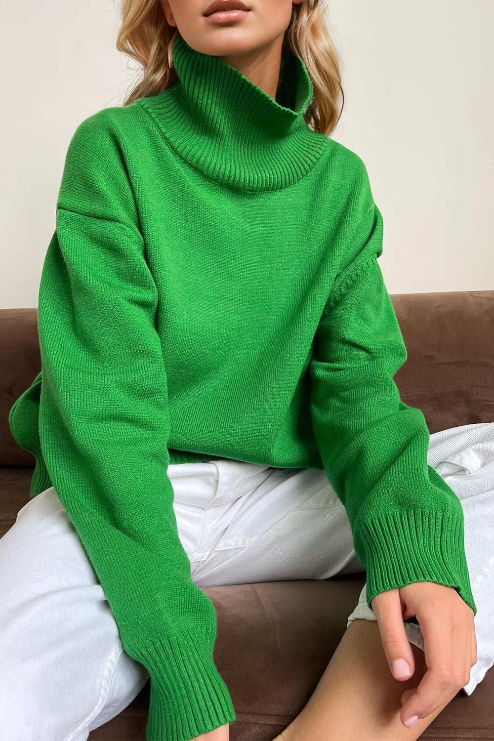 BELLA BLA turtleneck dropped shoulder long sleeve sweater, cozy knit top with relaxed fit and stylish design.