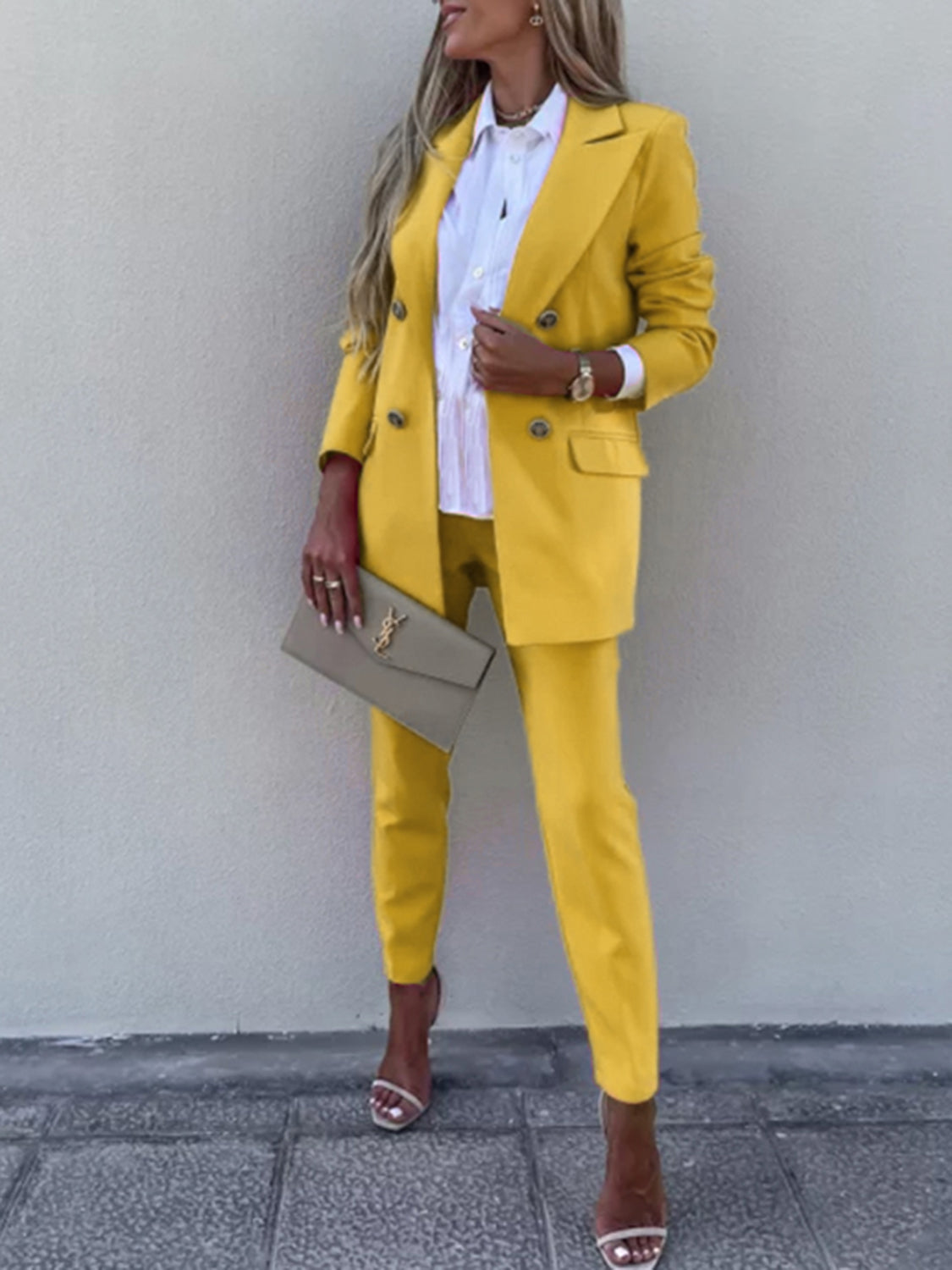 BELLA trendsi lapel collar long sleeve blazer and matching pants set, tailored fit, stylish for professional or casual wear.