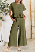 BELLA trendsi peplum round neck short sleeve top and matching pants set, stylish and comfortable fashion ensemble.