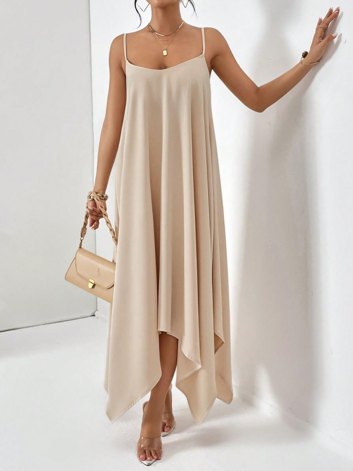 BELLA scoop neck midi cami dress from trendsi, featuring a fitted silhouette and sleeveless design in soft, flowing fabric.
