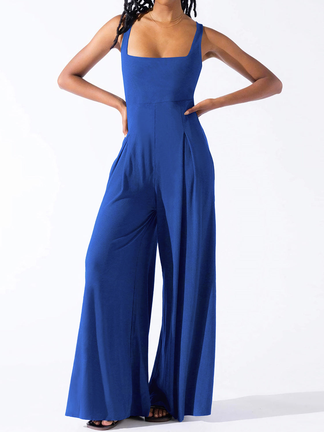 BELLA trendsi square neck wide strap jumpsuit with fitted bodice and wide-leg pants, made from lightweight fabric.