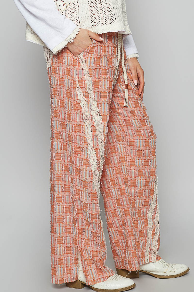 Lace Trim Drawstring Checkered Wide Leg Pants