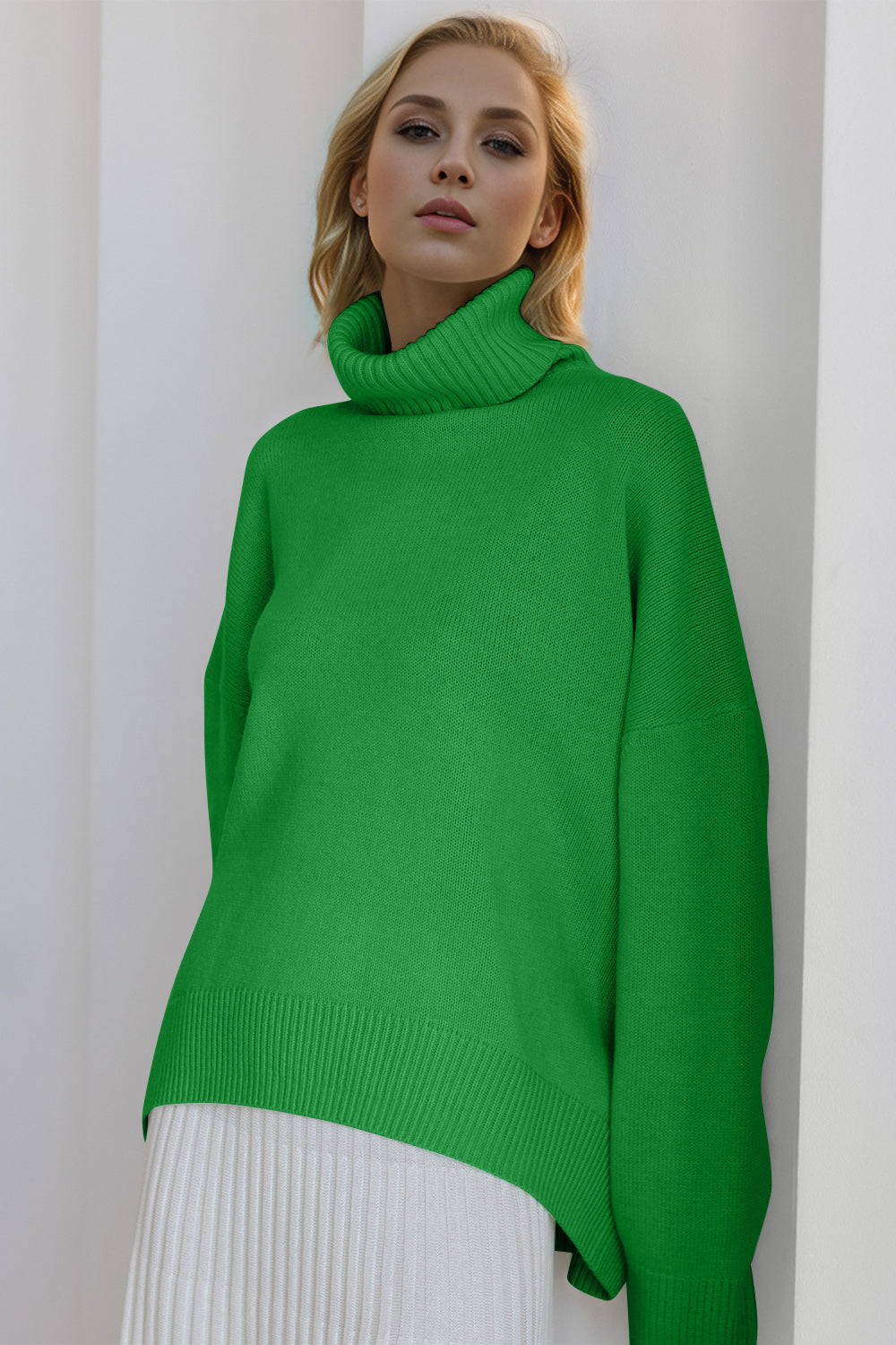 BELLA BLA dropped shoulder turtleneck sweater with long sleeves, featuring a cozy, stylish knit design.