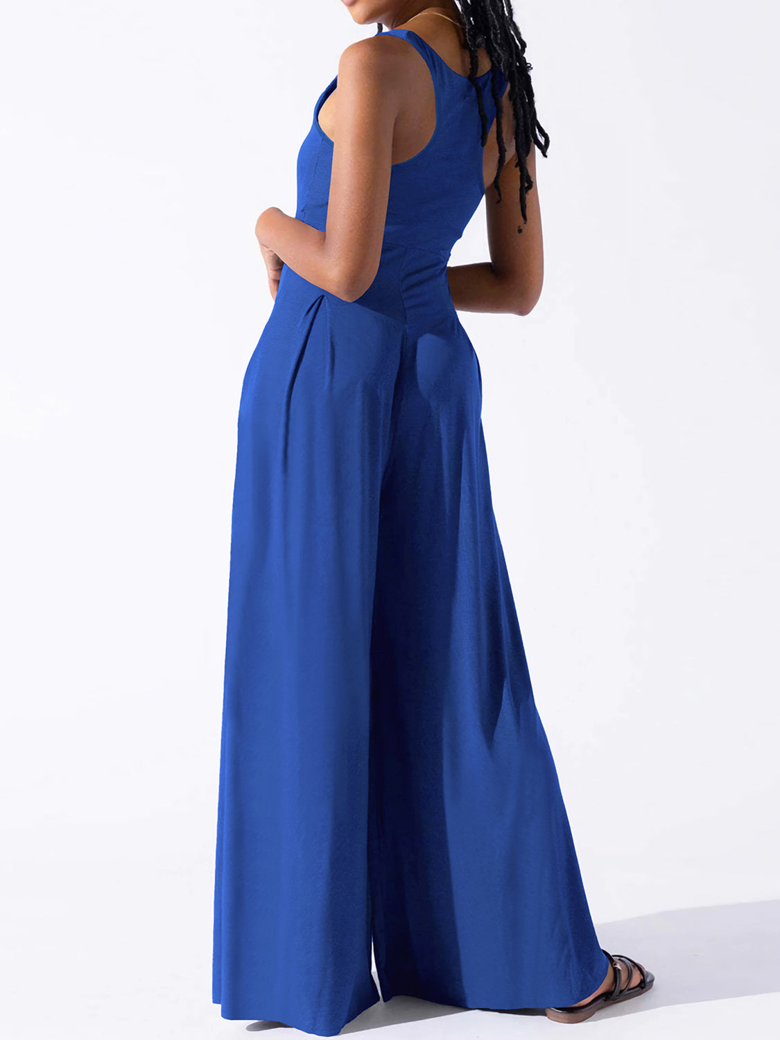 BELLA trendsi square neck wide strap jumpsuit in black, featuring a fitted bodice and flowing wide-leg pants, perfect for stylish occasions.