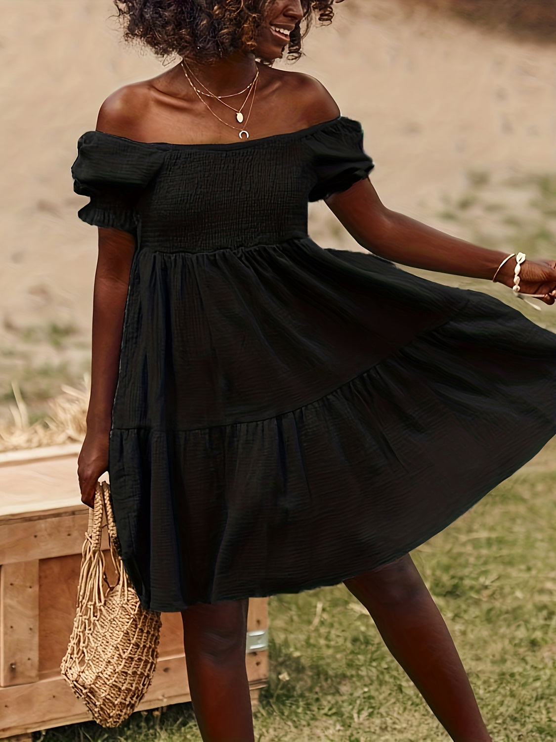 BELLA Trendsi full-size ruffled off-shoulder short sleeve dress, featuring a feminine design with ruffles and a relaxed fit.