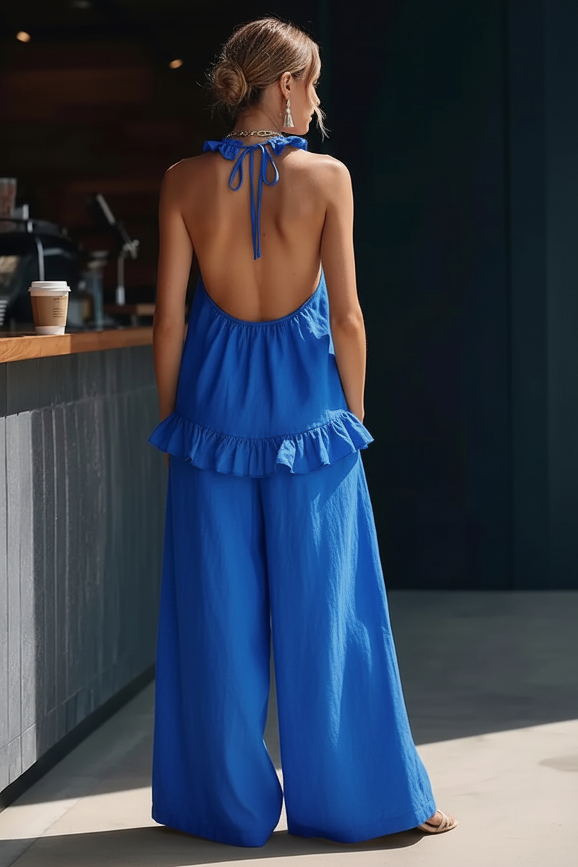 Ruffled Halter Neck Top and Wide-Leg Pants Set