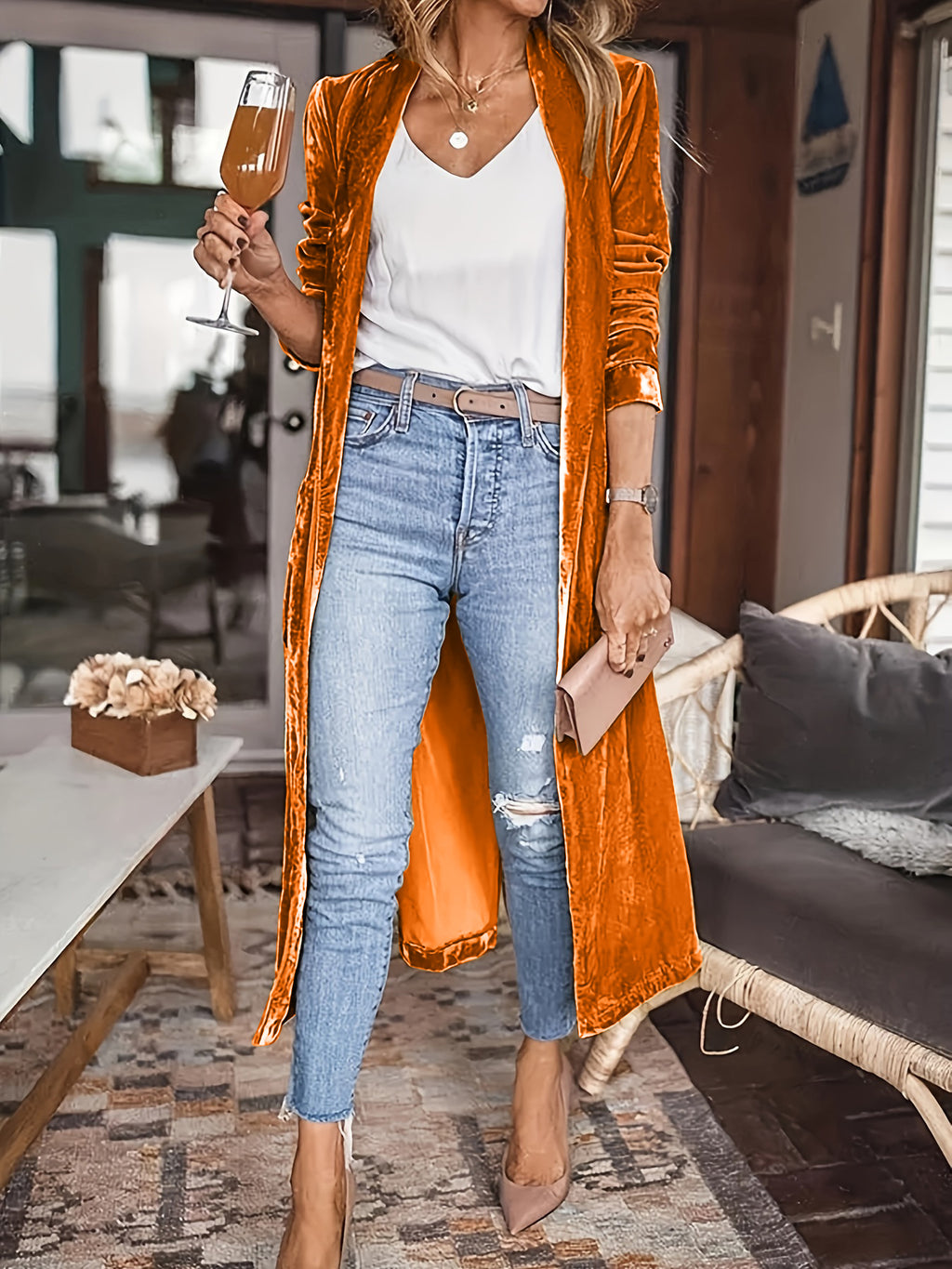 Open front long sleeve coat by BELLA BLA from trendsi, shown in a stylish, neutral-toned design with a relaxed fit.
