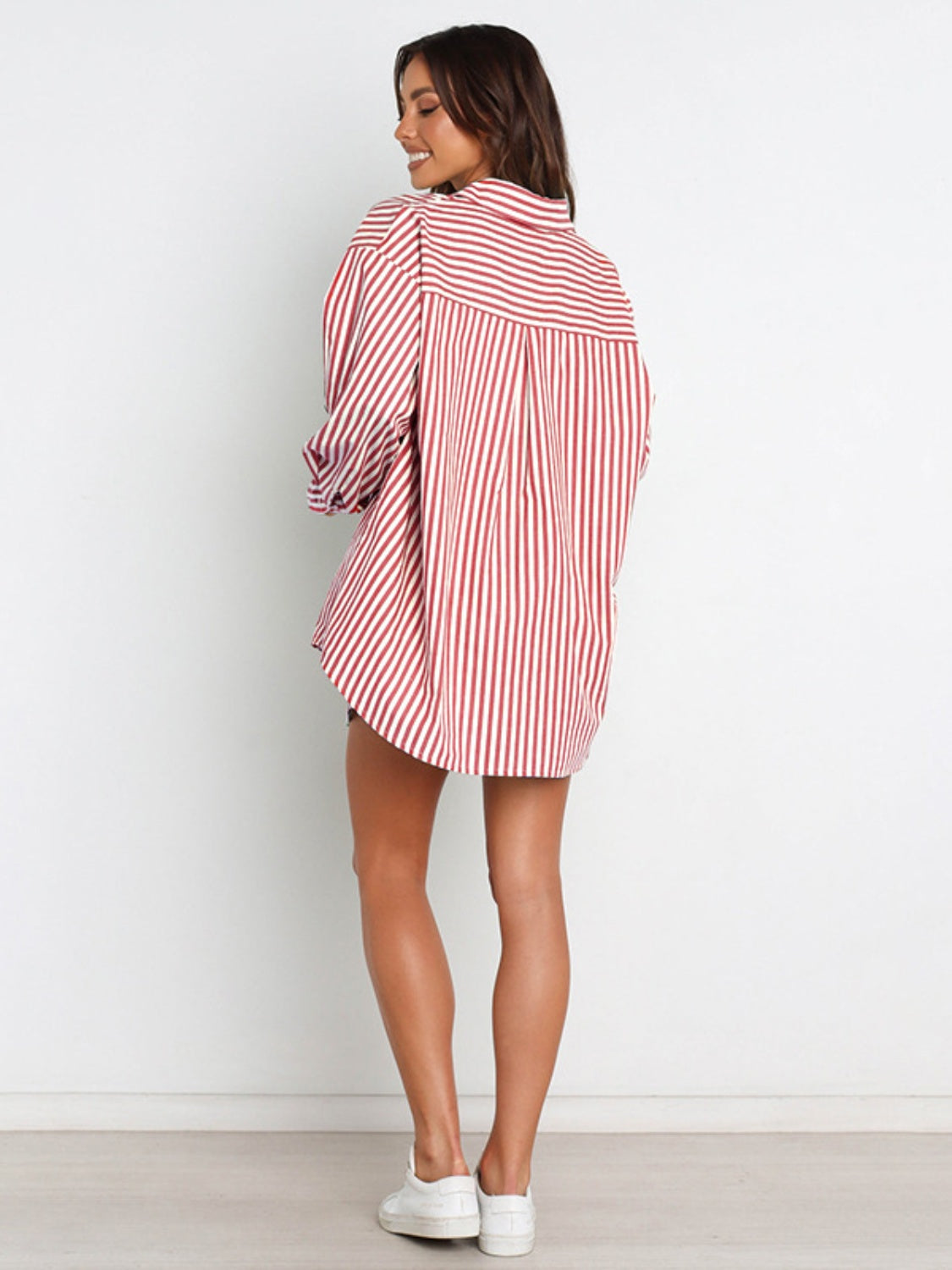 BELLA striped dropped shoulder shirt and matching shorts set in blue and white, casual summer outfit, front view with fabric details