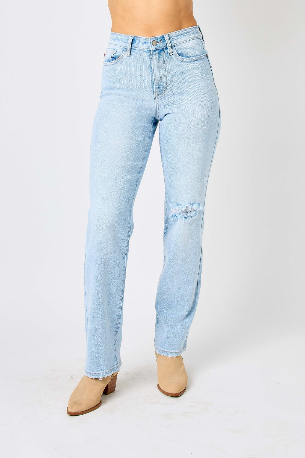 BELLA Judy Blue high waist distressed straight jeans in full size, featuring a classic denim look with trendy ripped details.