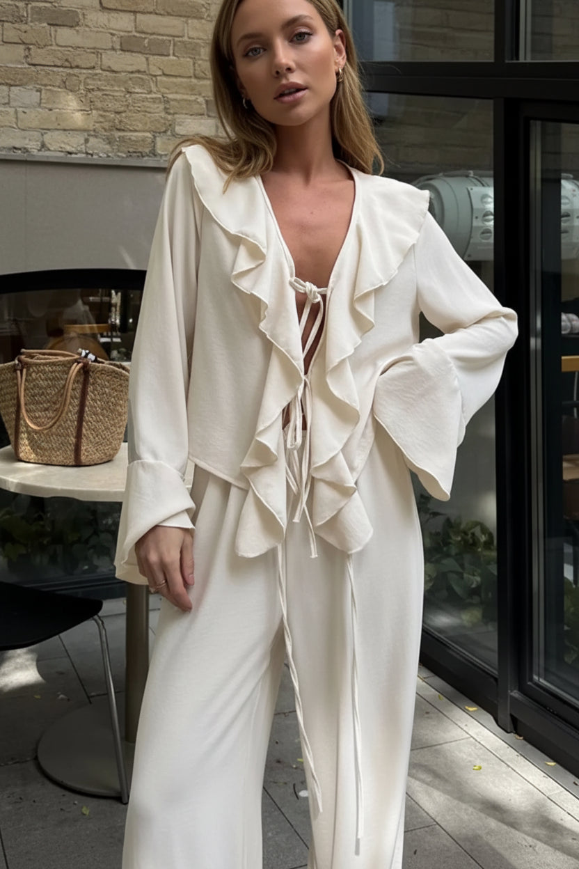 Women’s ruffle trim tie front top and pants set – chic 2-piece outfit by BellaBla