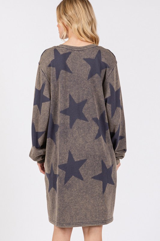 BELLA star print round neck dress from trendsi, featuring a fitted silhouette and celestial star pattern, casual and stylish for everyday wear.