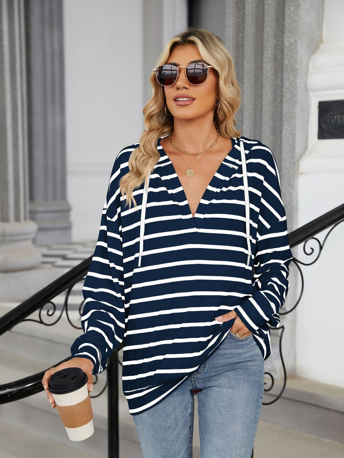 Striped long sleeve hoodie with drawstring from BELLA BLA, featuring a casual fit and comfortable design.