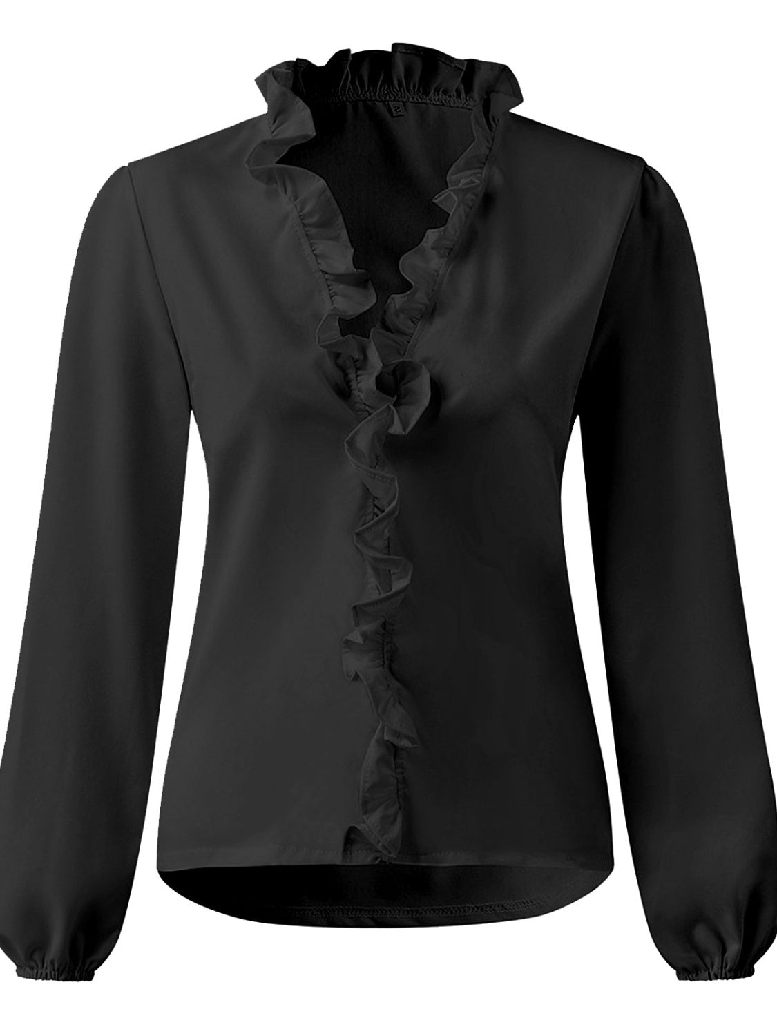 Full size ruffled V-neck long sleeve blouse by BELLA BLA, featuring a feminine design with ruffles and a V-neck neckline.