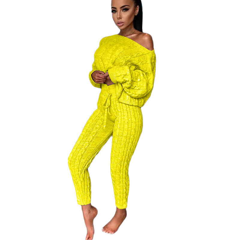 BELLA knitted two-piece set from CJ Drop Aliexpress, featuring a cozy, stylish matching top and bottom in soft knit fabric.