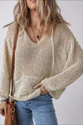 BELLA openwork dropped shoulder hooded knit top featuring a stylish, lightweight design with a relaxed fit and textured knit fabric.