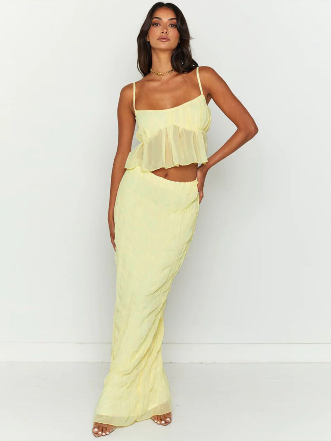 BELLA Trendsi square neck sleeveless top and ruched skirt set, featuring a stylish coordinated outfit with a fitted top and ruched skirt.