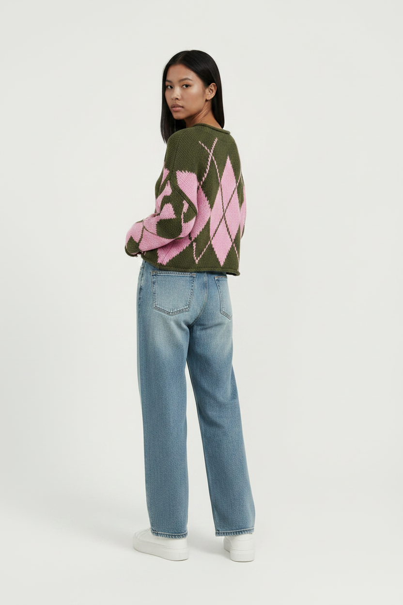 Brown & Pink Argyle Sweater – Full Body Back View