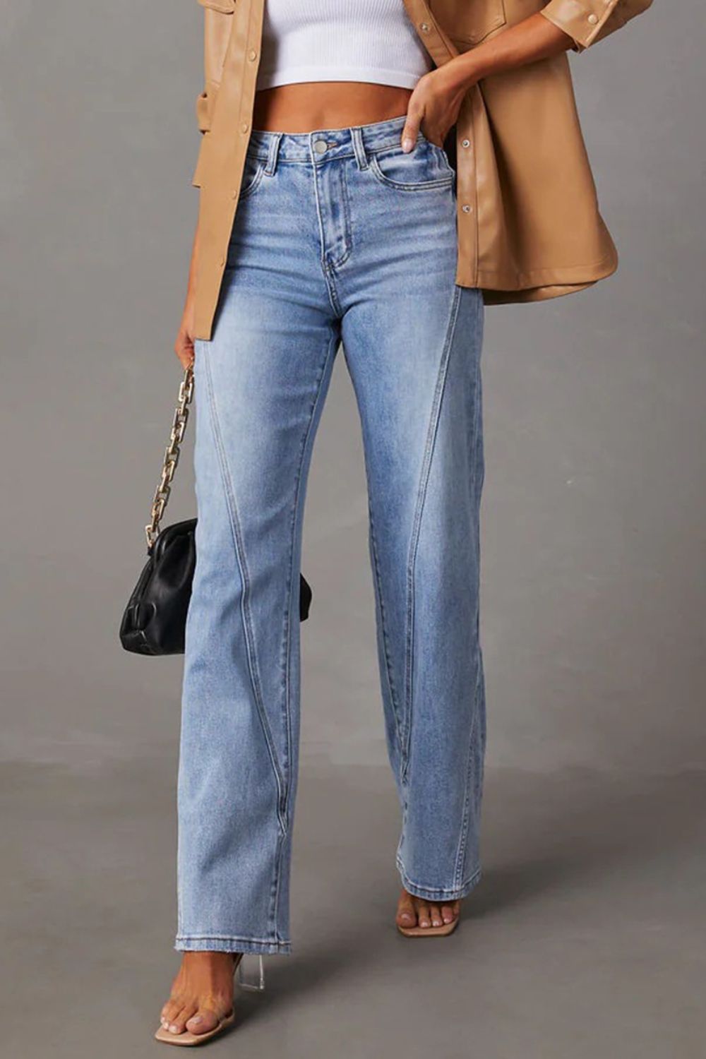 BELLA high waist straight jeans with front and back pockets, showcasing a classic denim look with a comfortable fit.
