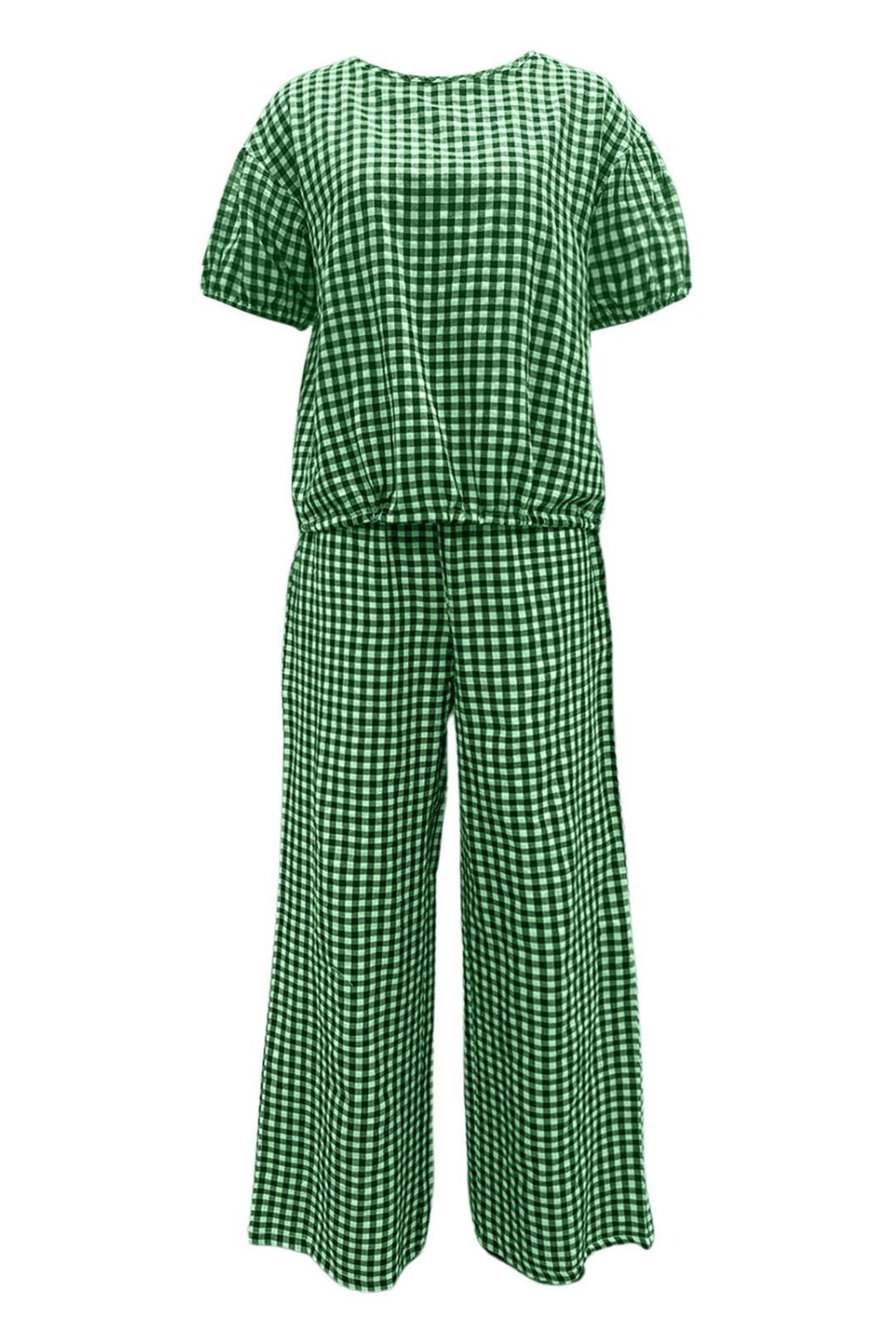 BELLA plaid round neck half sleeve top and matching pants set featuring a classic checkered pattern and comfortable fit.