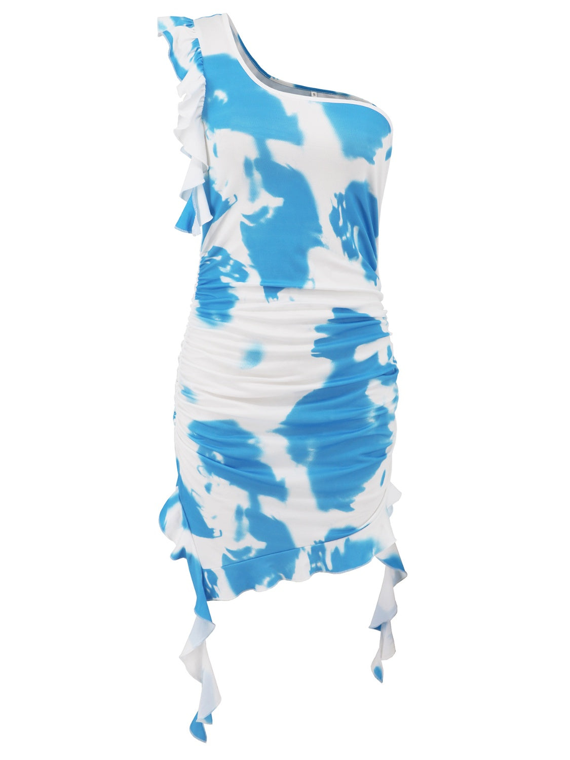 BELLA ruffled tie-dye single shoulder mini dress with a stylish, flowy design and trendy fashion details.