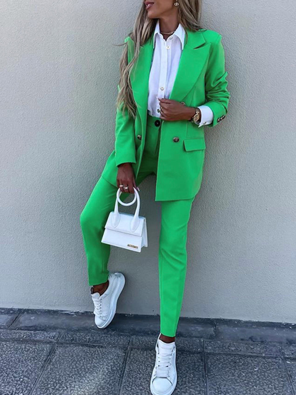 BELLA trendsi lapel collar long sleeve blazer and matching pants set, tailored fit with classic design, shown on a model.