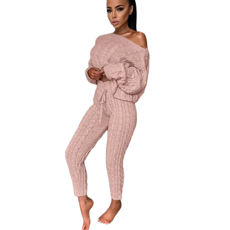 BELLA knitted two-piece set from CJ Drop Aliexpress featuring a cozy, stylish matching top and pants in soft knit fabric.