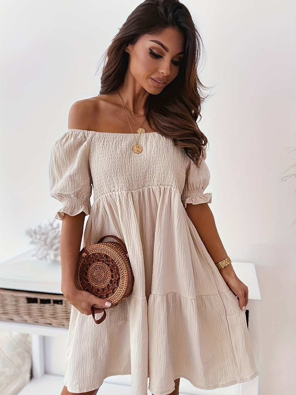 BELLA trendsi full size ruffled off-shoulder short sleeve dress displayed on a hanger with a floral background.