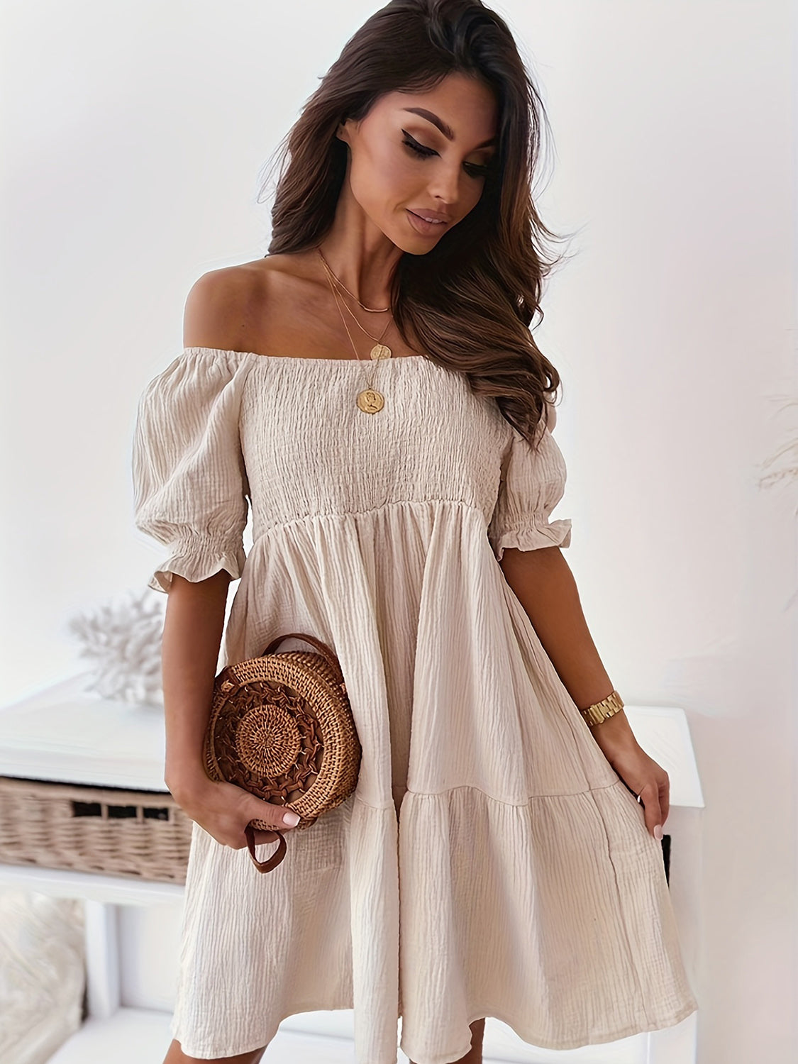 BELLA trendsi full size ruffled off-shoulder short sleeve dress displayed on a hanger with a floral background.