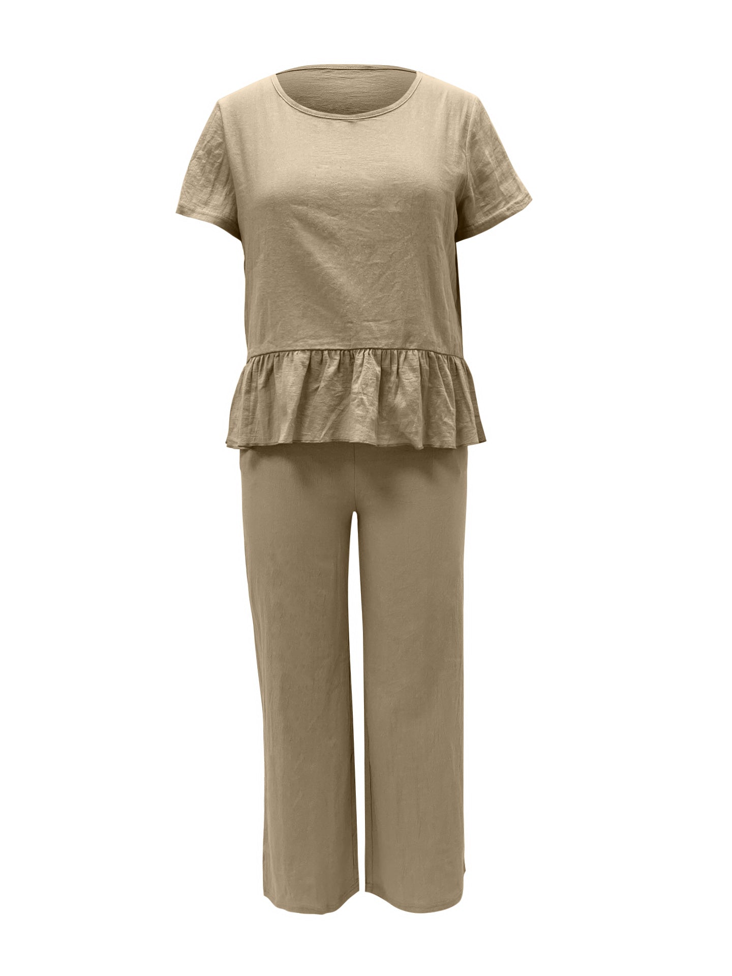 BELLA Trendsi peplum round neck short sleeve top and matching pants set, stylish and comfortable casual outfit.
