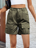 BELLA trendsi pocketed high waist denim shorts, showing a close-up of the dark wash fabric and front pockets.