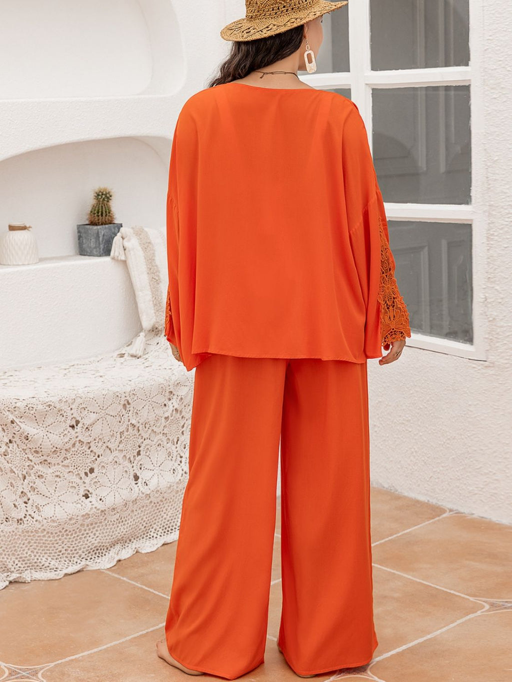 Plus size lace detail long sleeve top and pants set by BELLA, featuring elegant lace accents and comfortable fit.