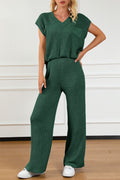 BELLA trendsi pocketed V-neck top and wide-leg sweater pants set, featuring soft knit fabric and relaxed fit.