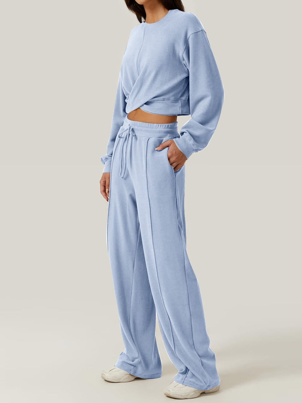 BELLA Crisscross round neck top and drawstring pants set, trendy matching loungewear with stylish details and comfortable fit.