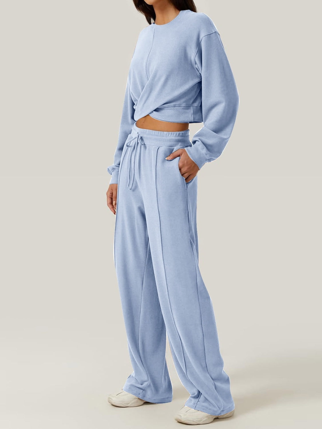 BELLA Crisscross round neck top and drawstring pants set, trendy matching loungewear with stylish details and comfortable fit.