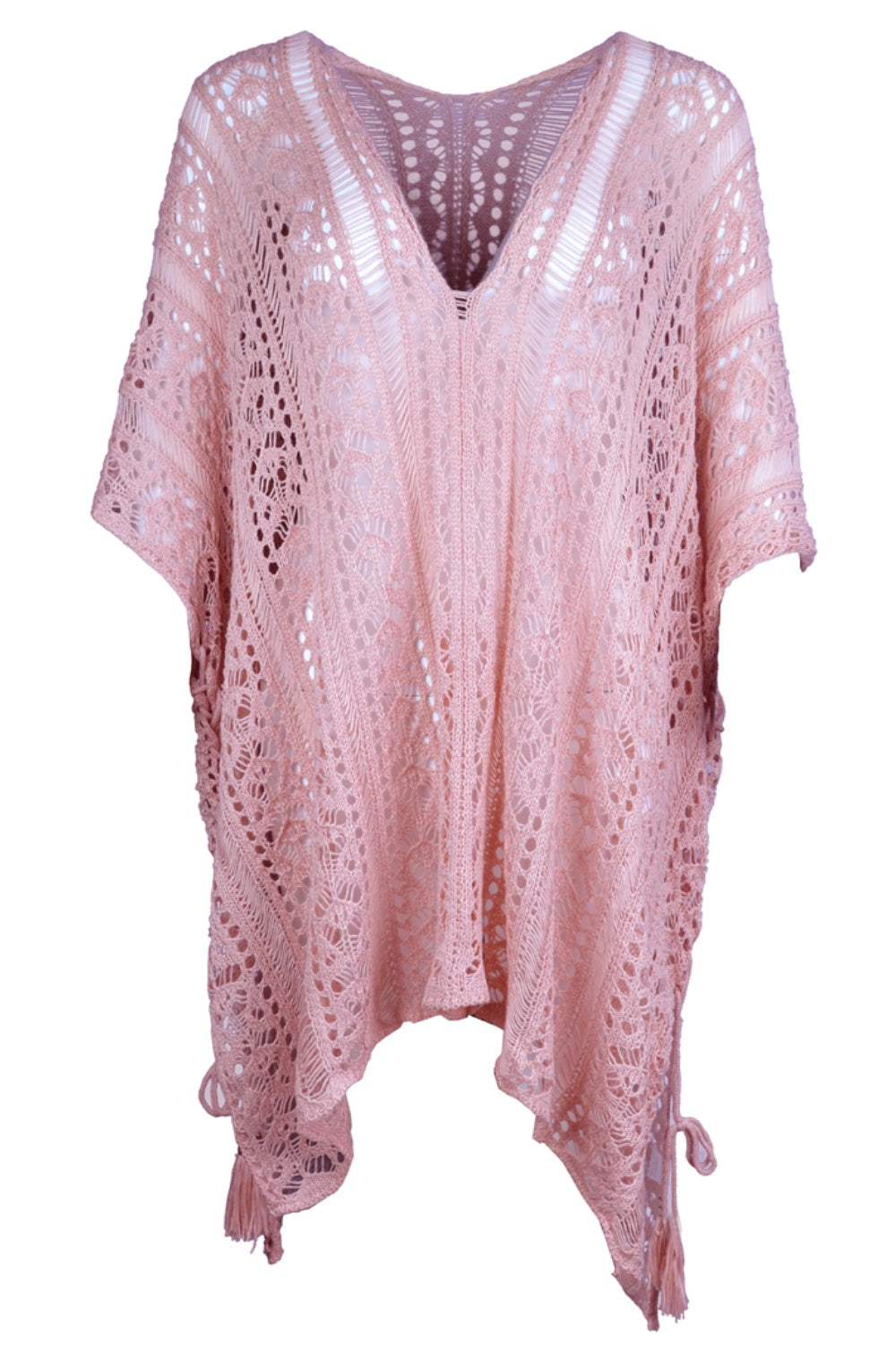 BELLA trendsi cutout V-neck cover-up with tassels, lightweight fabric, and open-back design perfect for beach or poolside style.