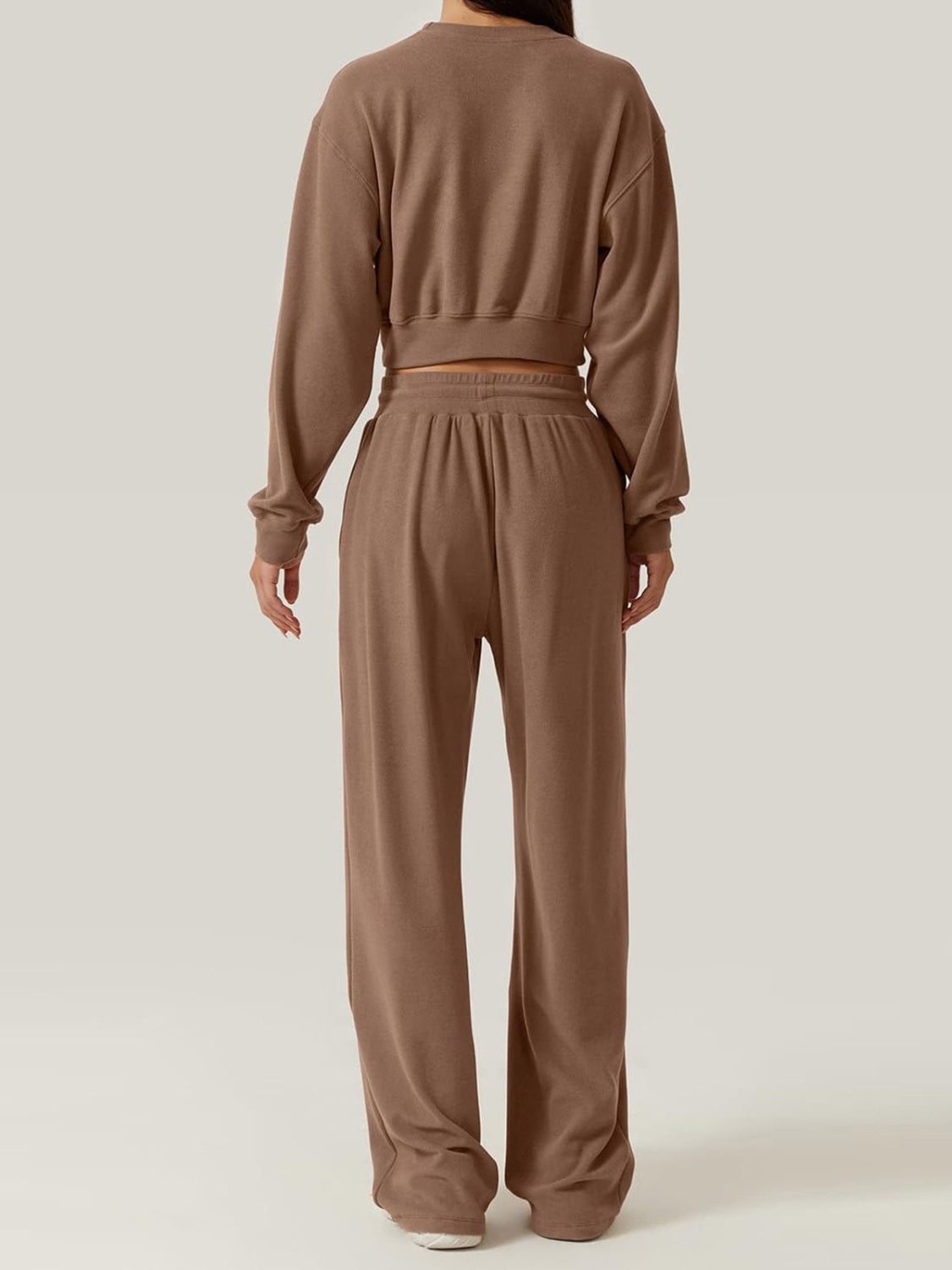 BELLA crisscross round neck top and matching drawstring pants set, casual stylish outfit, soft fabric, neutral color, front view