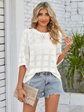 BELLA openwork round neck knit top featuring a trendy, lightweight design with intricate knit pattern and classic fit.