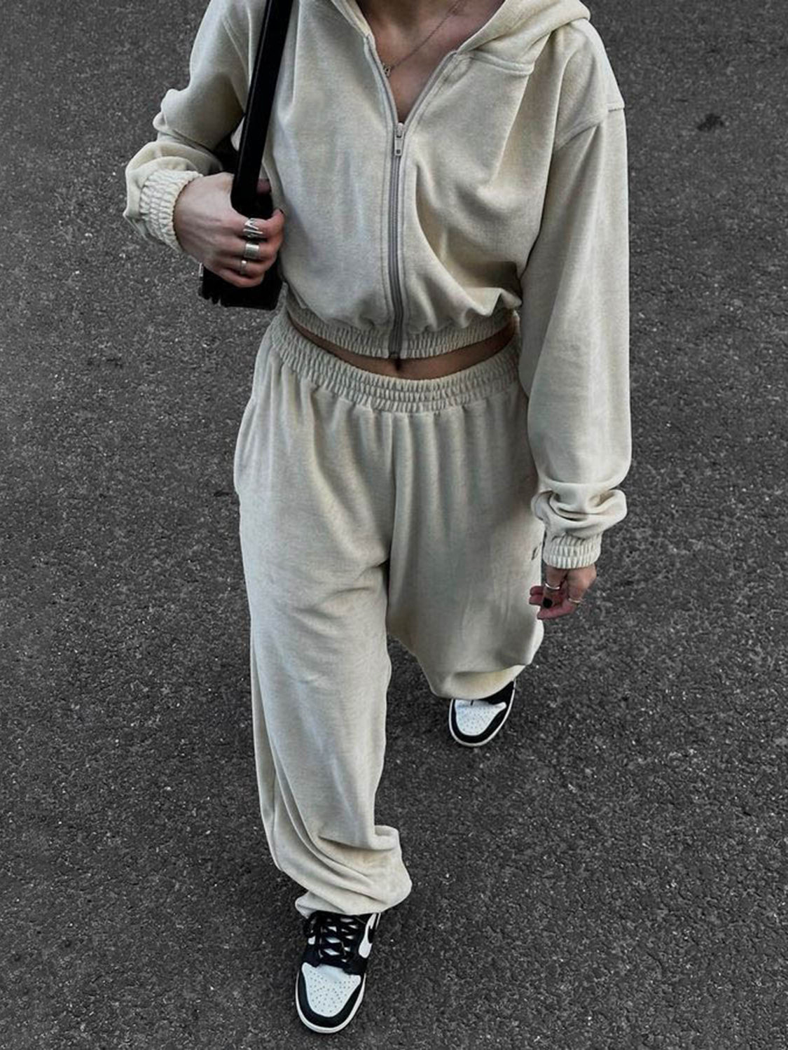 BELLA BLA Zip Up Hoodie and Pocketed Pants Set in trendy casual style, shown in a comfortable, coordinated outfit.