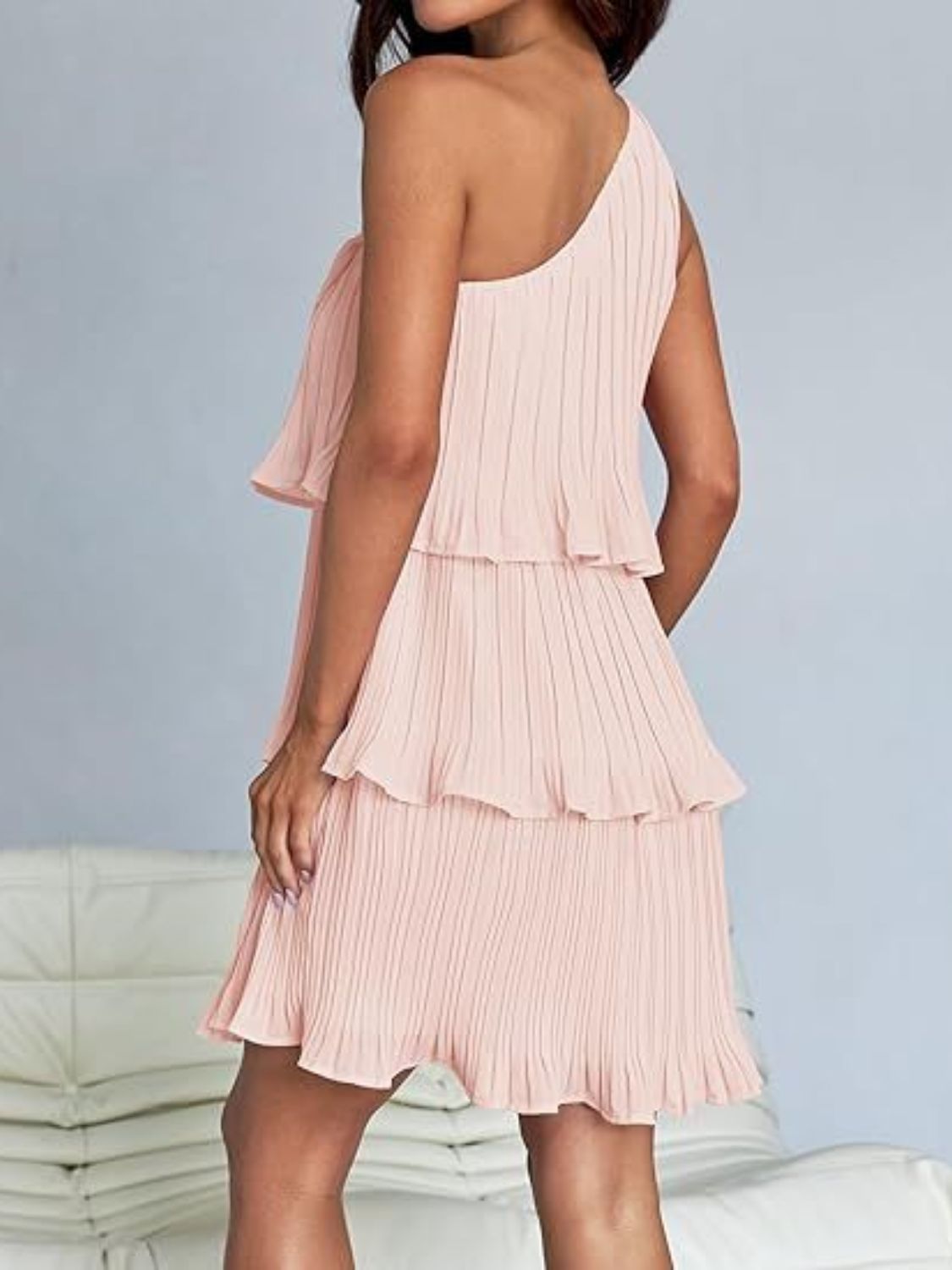 BELLA layered single shoulder mini dress from trendsi featuring a stylish, asymmetric design and elegant shoulder strap detail.
