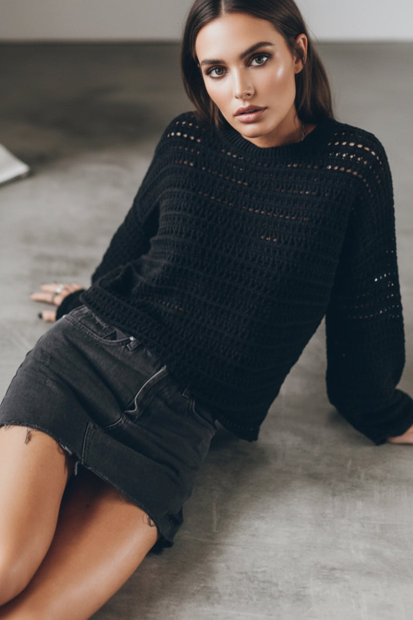BELLA openwork round neck dropped shoulder knit top with a stylish pattern, featuring a relaxed fit and lightweight fabric.