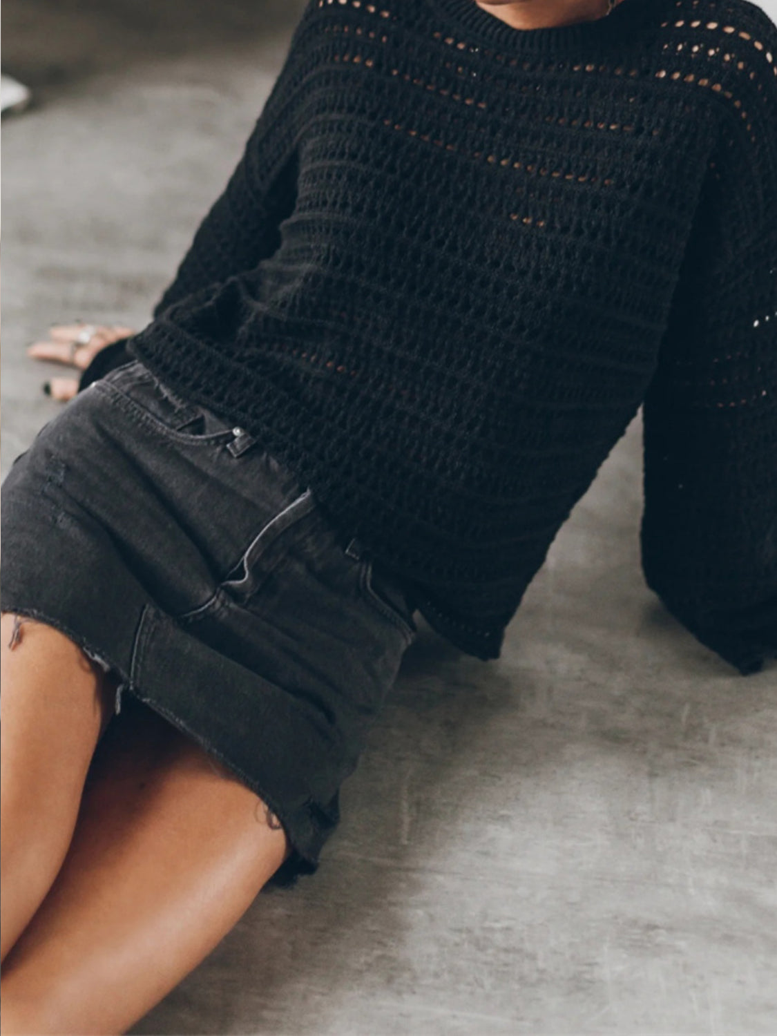BELLA openwork round neck dropped shoulder knit top with a stylish pattern, featuring a relaxed fit and lightweight fabric.