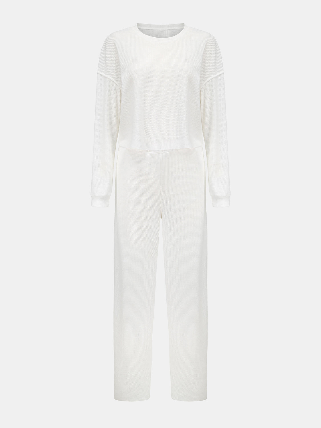 BELLA Waffle-Knit Round Neck Top and Pants set in soft fabric, featuring a cozy, relaxed fit with matching top and pants.