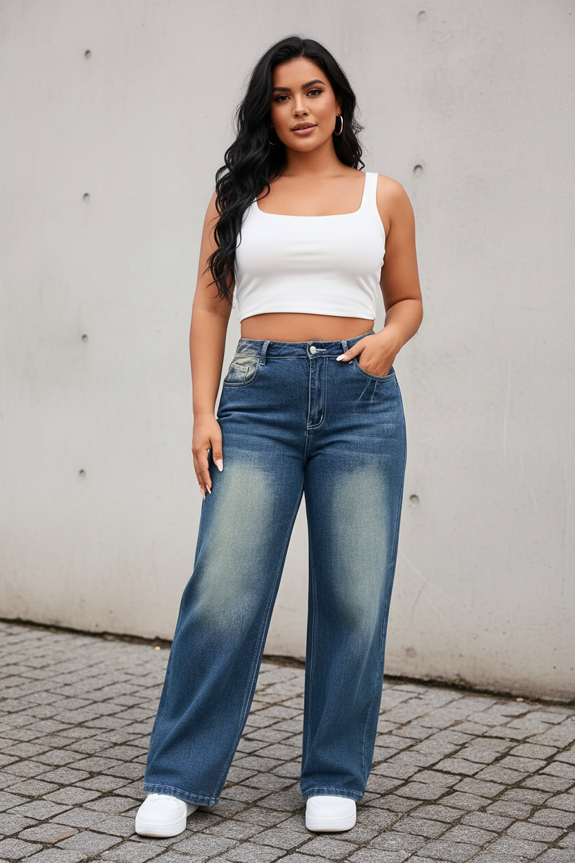 Vintage Wash Wide Leg Jeans