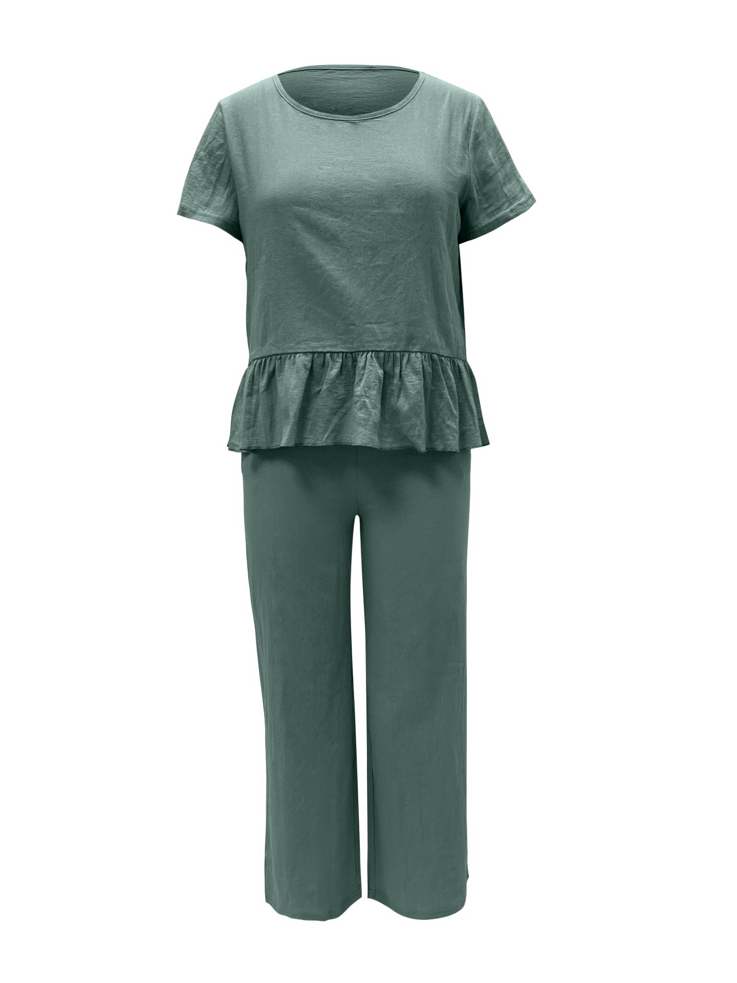 Bella Trendsi peplum round neck short sleeve top and matching pants set shown on model, stylish and comfortable casual outfit.