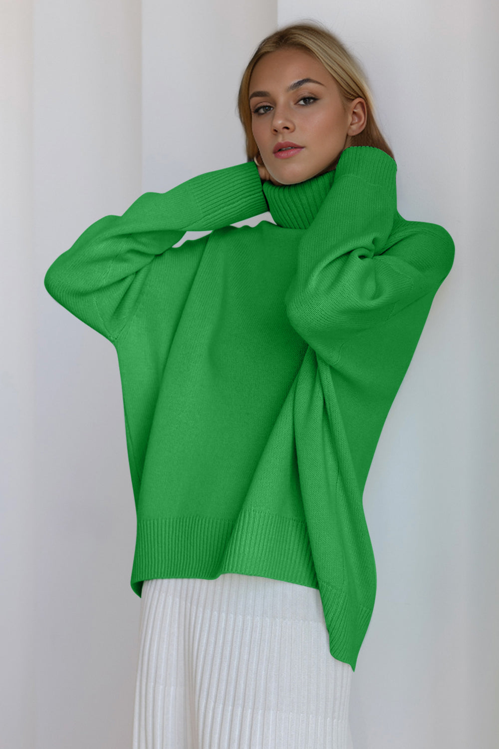 BELLA BLA turtleneck dropped shoulder long sleeve sweater, cozy knit in a trendy style, shown in a neutral color.