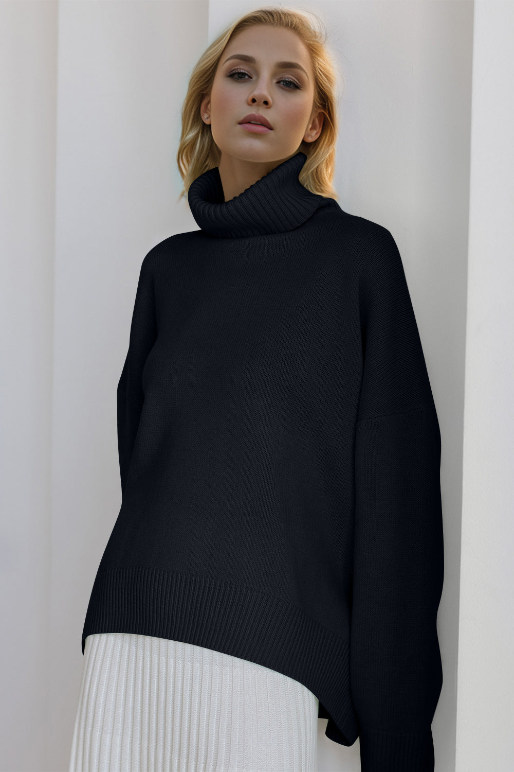BELLA BLA trendsi turtleneck dropped shoulder long sleeve sweater in soft knit, showcasing a cozy, relaxed fit with a stylish silhouette.