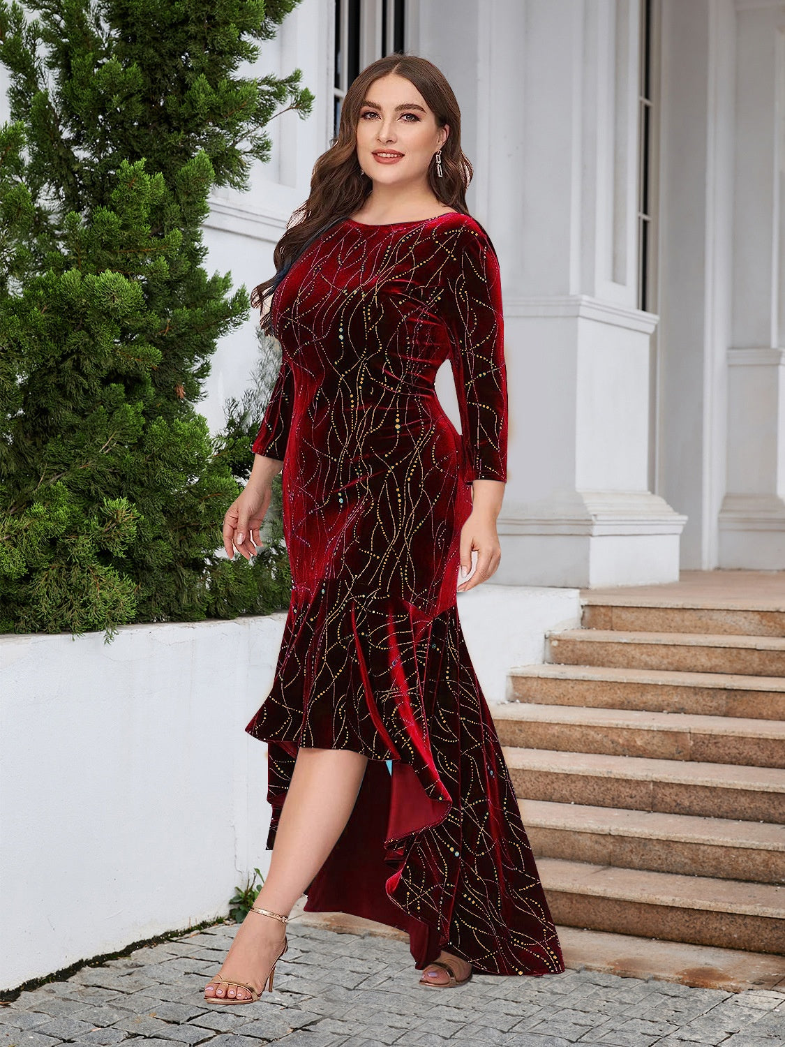 Plus size BELLA ruffle hem high-low dress with flowing fabric and flattering silhouette, perfect for stylish plus size occasions.