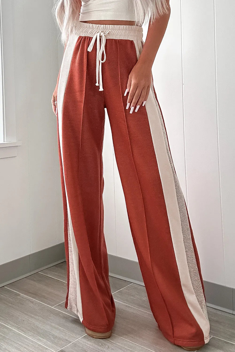 BELLA Drawstring Contrast Wide Leg Pants featuring a relaxed fit with contrasting waistband and flowy wide-leg silhouette.